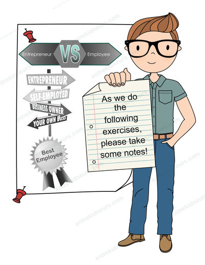 Student Workbook page with signposts reading Entrepreneur vs Employee and a student holding a sign asking the class to take notes