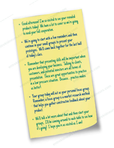 A sticky note in the Teacher Guide with a script for what to say to the class