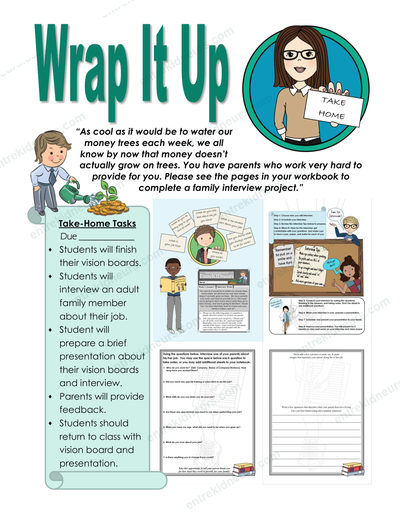 Teacher Guide Wrap It Up page listing the take-home tasks beside small pictures of the matching workbook pages